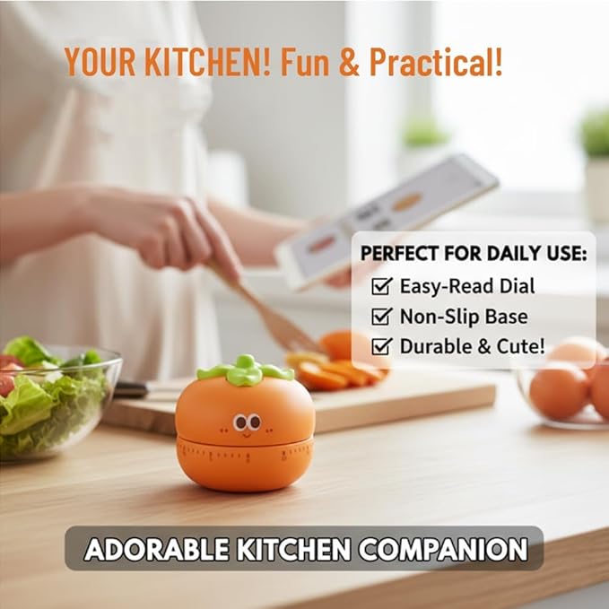 Cute Kitchen Timer with 60-Minute Mechanism, Orange Persimmon Design, Non-Slip Base, Easy-Read Dial, Mechanical Countdown for Cooking and Baking