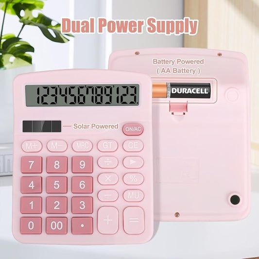 Desktop Calculator, Pink Calculator Big Buttons, 12-Digits Large LCD Display, Solar and AA Battery Dual Power, Desk Calculators for Office Home School Business Class (Pink) | Large LCD Display, Solar and AA Battery Dual Power, Desk Calculators for Offi...