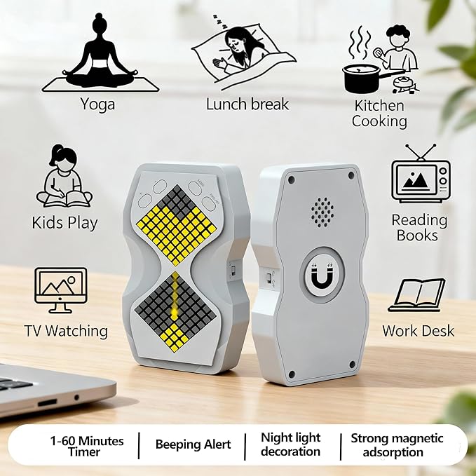 LED Visual Hourglass Timer, 1-60 Minute Countdown with Magnetic Mount, Buzzer Alert & Dimmable Night Light, Sand Timer for Kids Learning, Classroom, Cooking, Chess, Fitness & Baking(White)