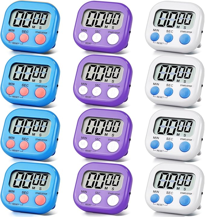 12 Pack Digital Kitchen Timer Magnetic Digital Timer with Big Display Loud Ring Cooking Timers for Kitchen Electronic Timer for Cooking, Bathing, Gym, Break Time, Classroom(12,White,Blue,Purple)